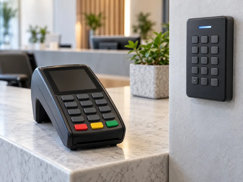 AI-assisted editorial image of POS terminal and access control keypad interfaces