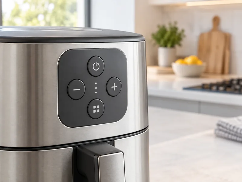 AI-assisted editorial image of a home appliance with integrated silicone control buttons