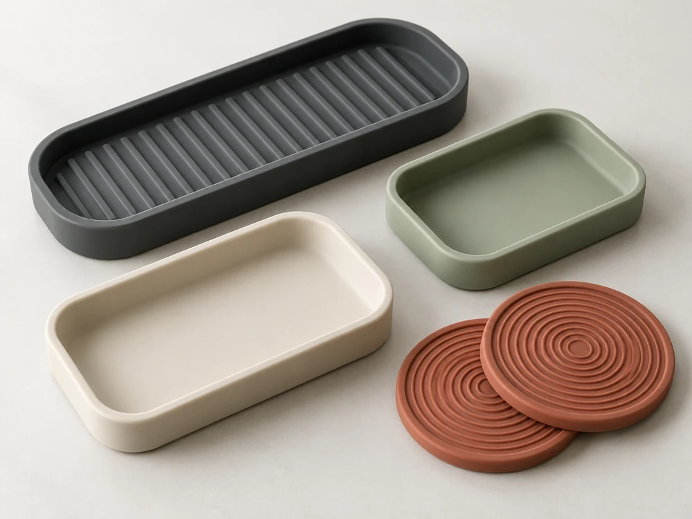 Silicone organizer trays, ribbed soap tray and coasters