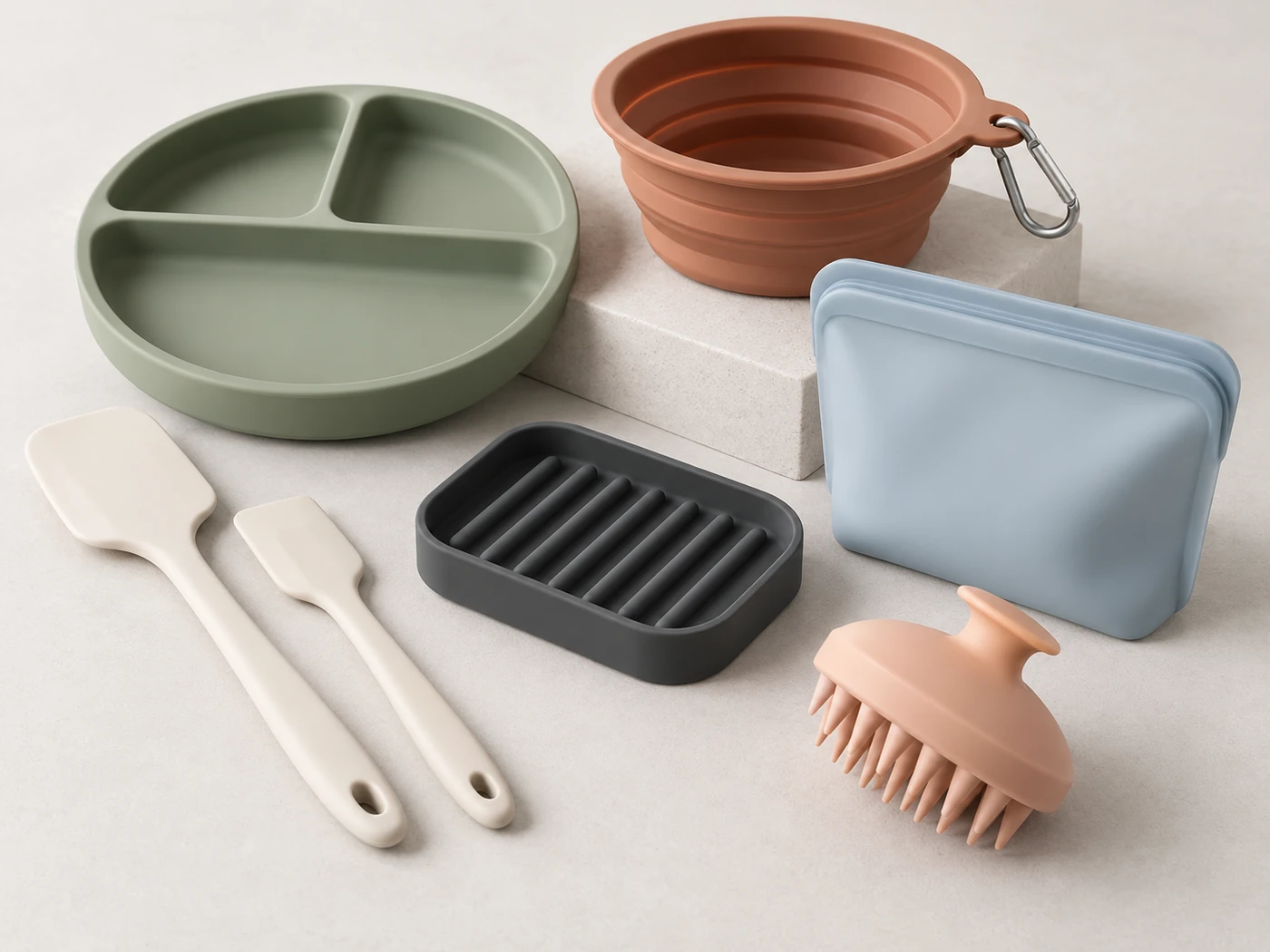 Silicone consumer product assortment with feeding plate, bowl, utensils, pouch, tray and brush