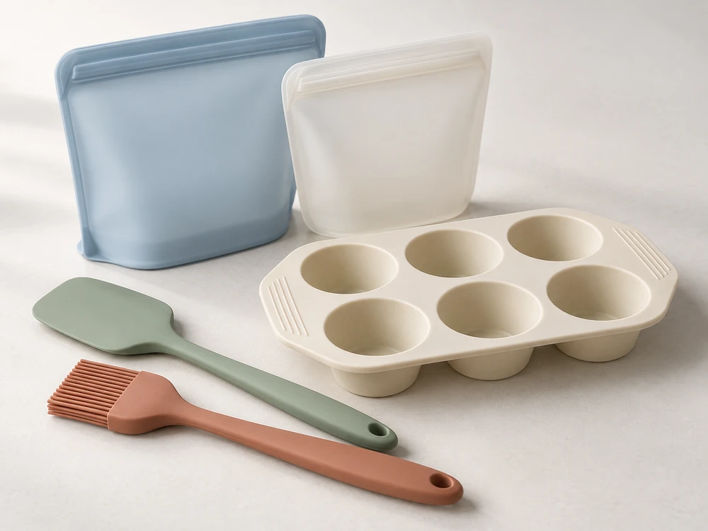 Silicone storage pouches, utensils and baking mold