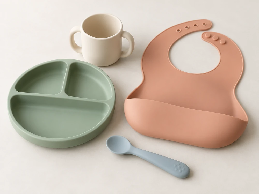 Silicone divided feeding plate, handled cup, bib and spoon