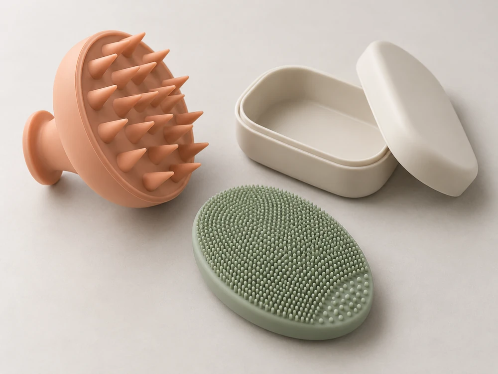 Silicone scalp brush, textured cleansing pad and travel case