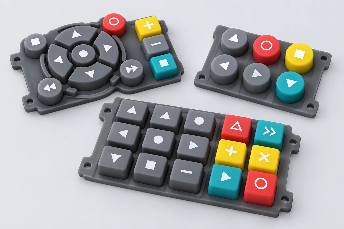 AI-assisted illustration of molded silicone keypad mats with colored control keys
