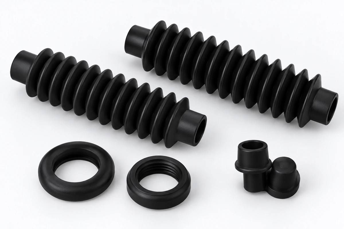 AI-assisted illustration of black silicone bellows, boots and rings