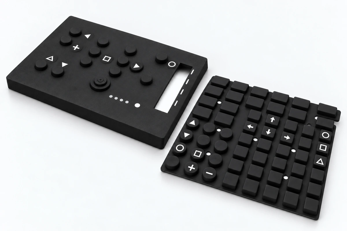 AI-assisted illustration of two silicone keypad mats with generic symbols