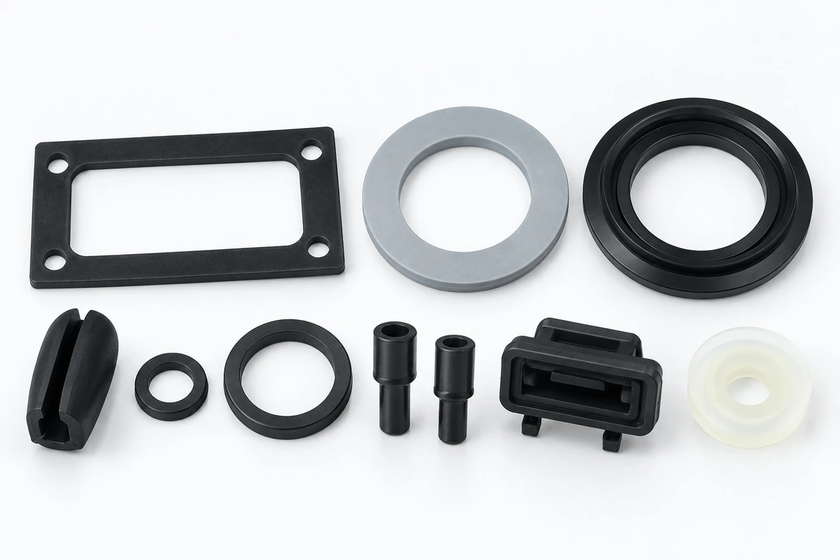 AI-assisted illustration of industrial silicone seals and molded components